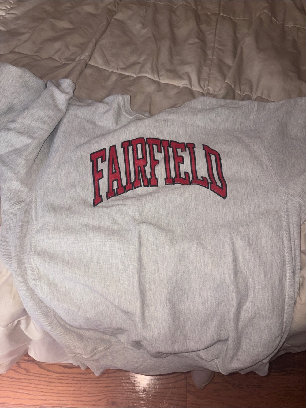 Champion Light Gray Fairfield Crewneck Sweatshirt with Red Lettering